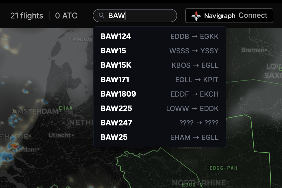 Searching for a callsign in the map header, with matching flights and their routes listed