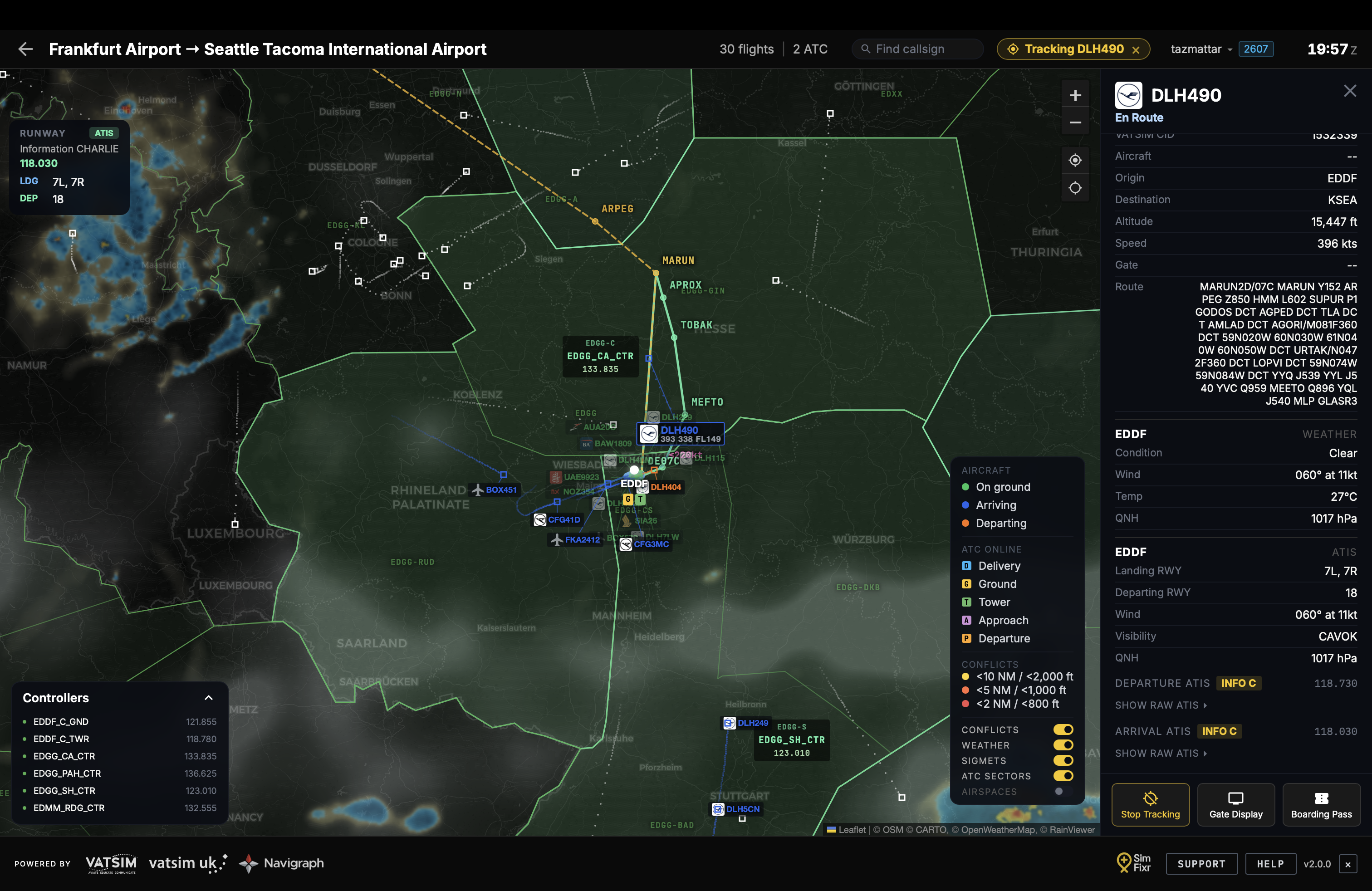 Filed route drawn on the Live Map with named waypoints and airway expansion