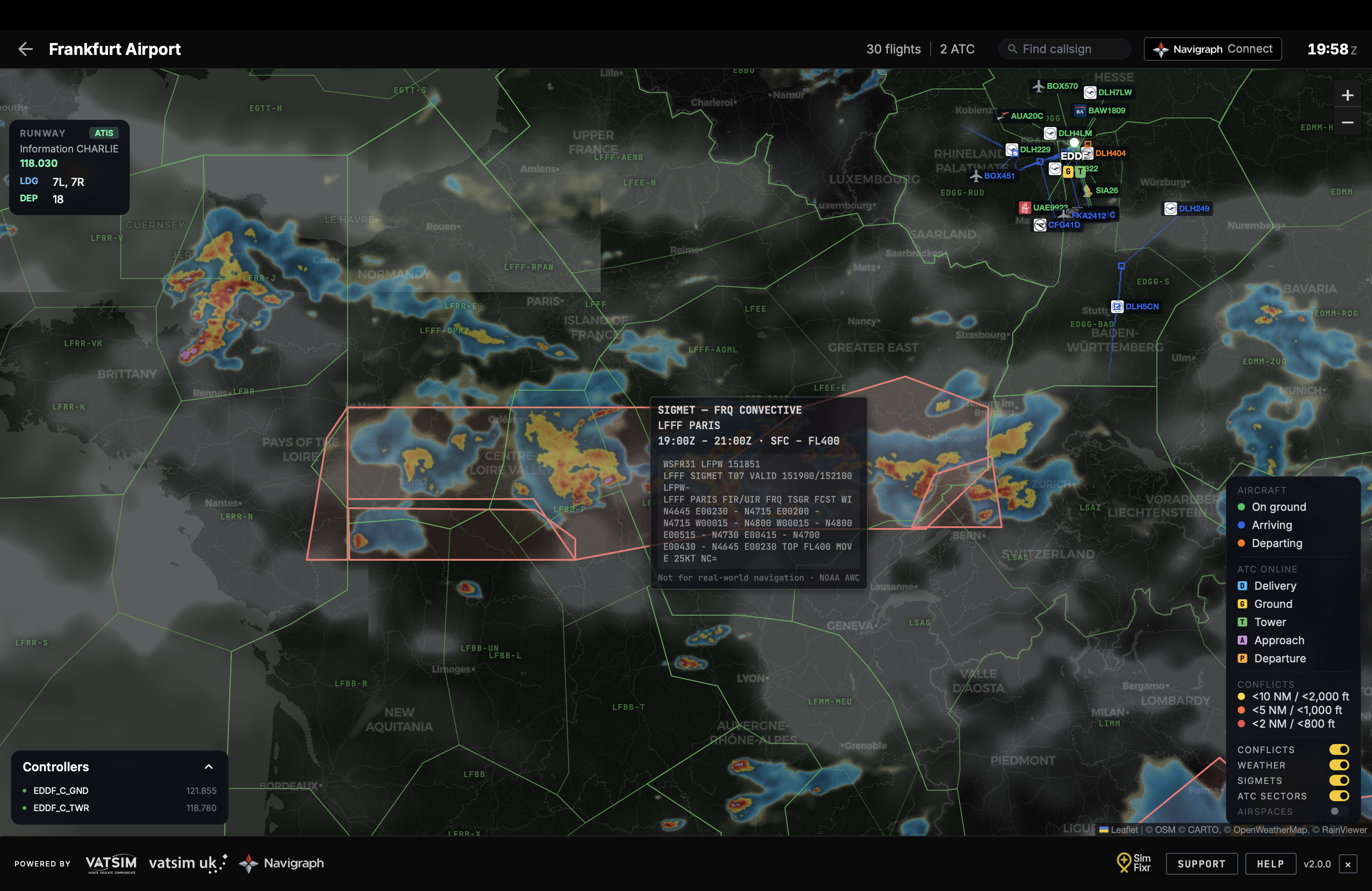A SIGMET polygon over France, showing hazard type, validity window and raw report on hover
