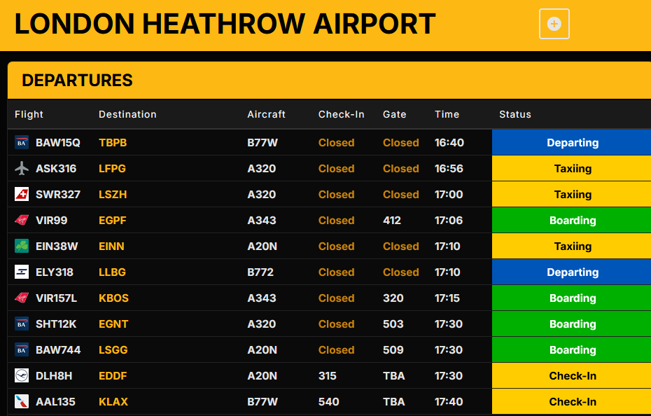 Live London Heathrow departures board on FlightBoard